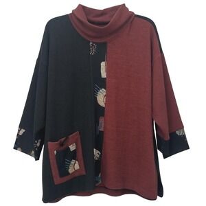 Ali Miles Women Colorblock Patchwork Turtle Neck Sweater Top Burgundy Black